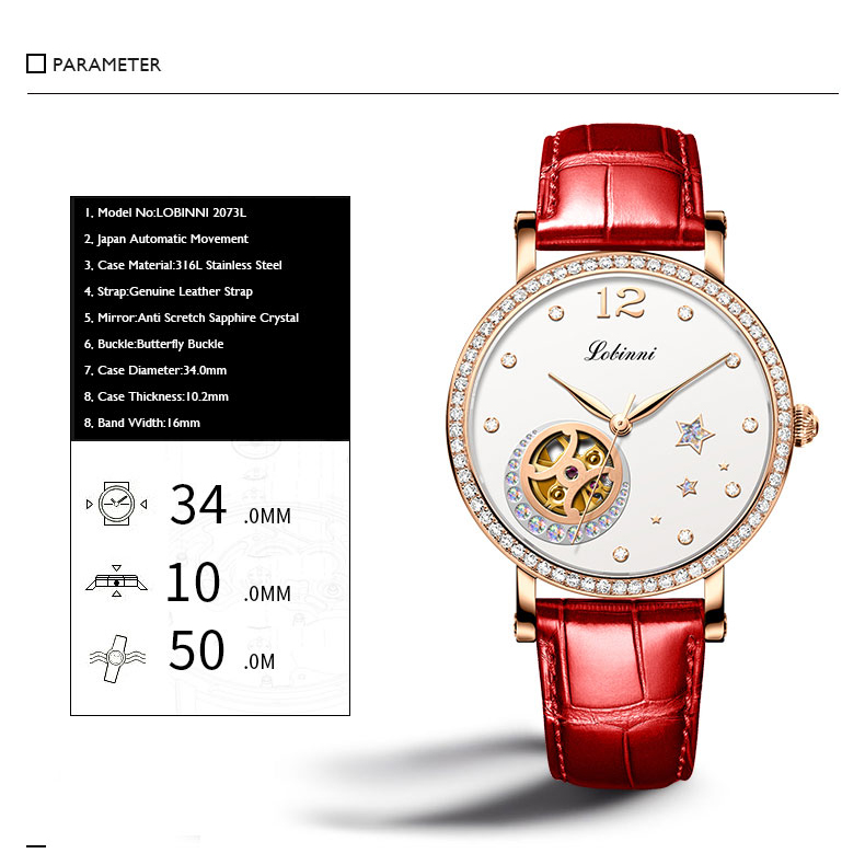LOBINNI Orologi da donna di lu - Skeleton Mechanical Watch recensione e prezzo